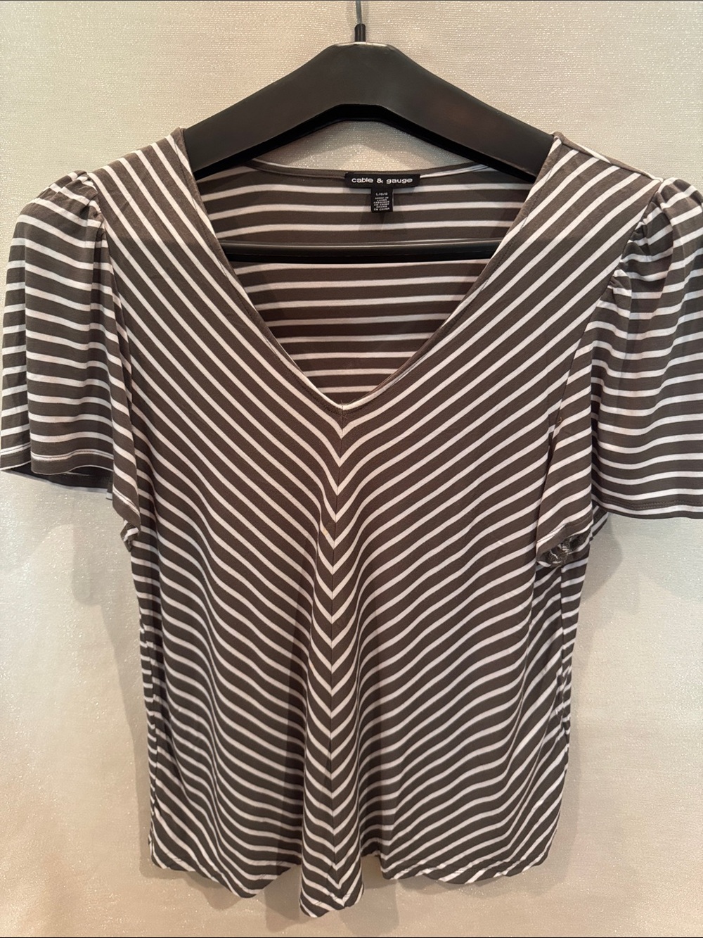 Cable & Gauge khaki green and White Striped V-Neck Flutter Sleeve Tee